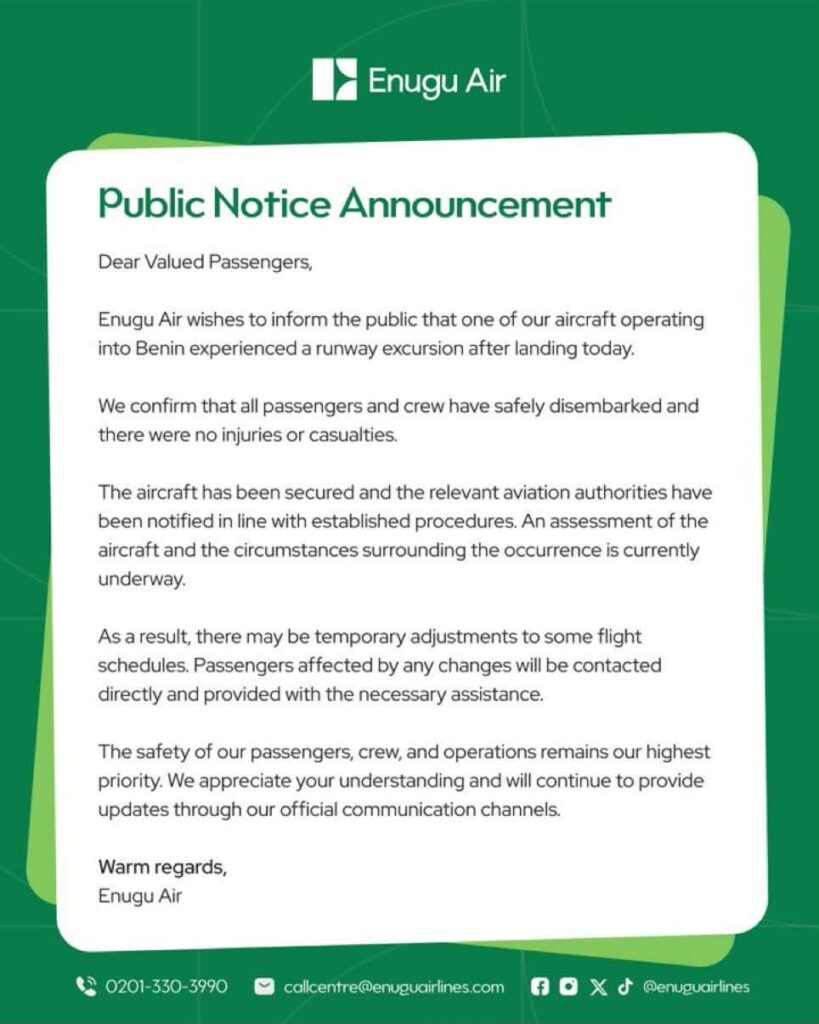 Enugu Air Runway Overshoot Sends Aircraft Into Muddy Terrain