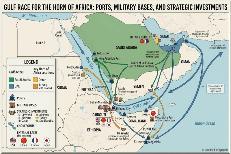 Map showing Gulf race for the Horn of Africa involving ports, military bases and strategic investments across the Red Sea region